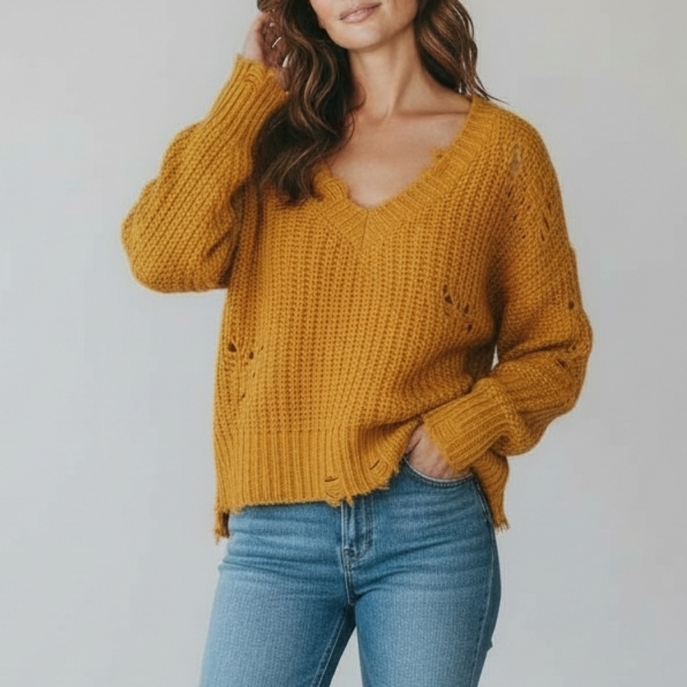525 America knit distressed V Neck sweater honey orange